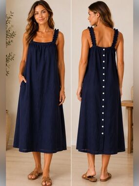 Nicole Miller New York XS Navy Linen Blend Button Front MIDI Dress